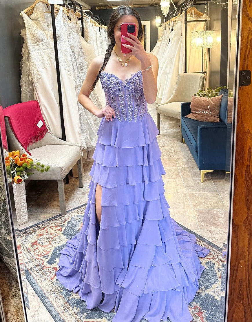 Sparkly Lilac A-Line Prom Dresses Long