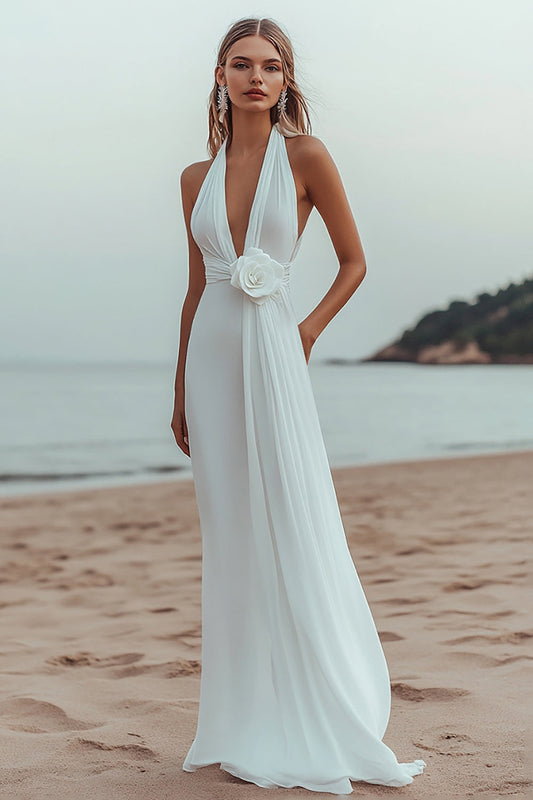 White A Line Deep V-Neck Long Engagement Dress with 3D Flower