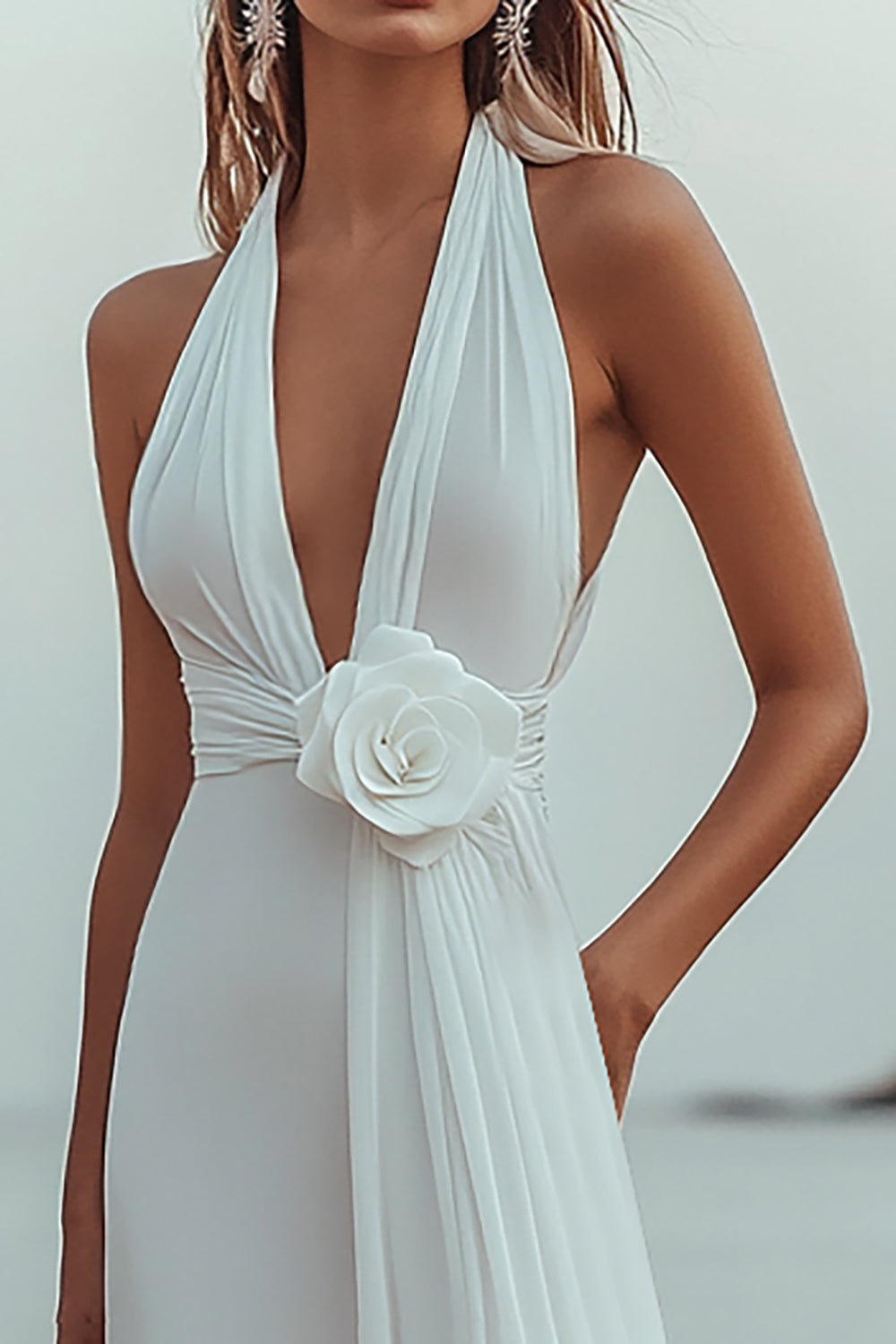 White A Line Deep V-Neck Long Engagement Dress with 3D Flower
