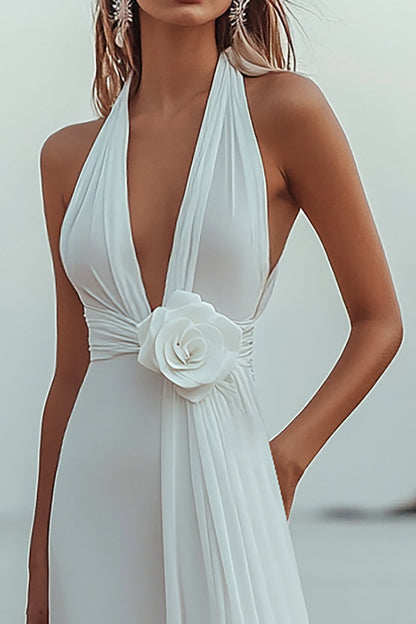 White A Line Deep V-Neck Long Engagement Dress with 3D Flower