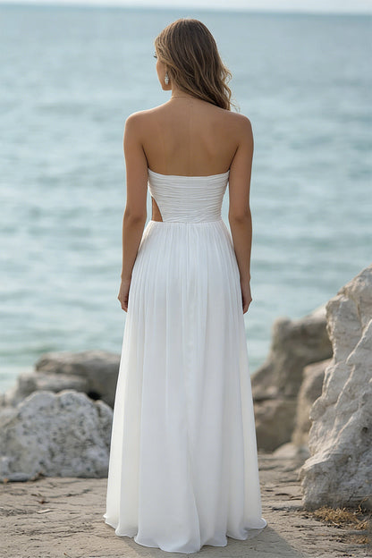 White Chiffon Strapless Pleated Long Rehearsal Dinner Dress