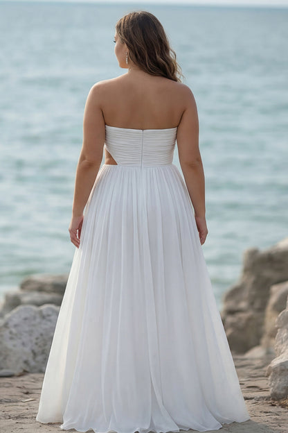 White Chiffon Strapless Pleated Long Rehearsal Dinner Dress