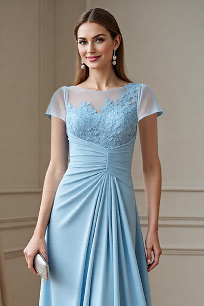 Sky Blue A Line Chiffon Long Ruched Mother of the Bride Dress with Lace