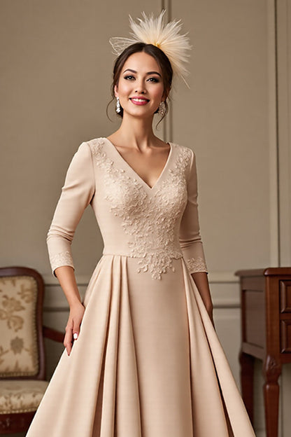 Apricot Satin A Line V-Neck Long Mother of the Bride Dress with Lace