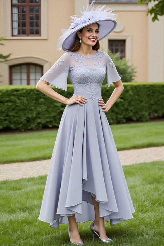 Silver A Line Chiffon Long Illusion Neck Mother of the Bride Dress with Lace