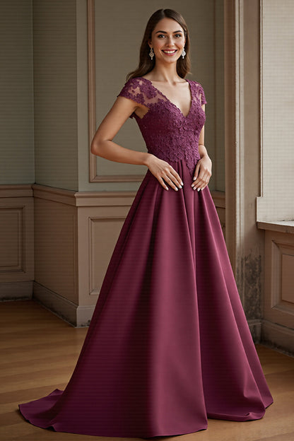 Lilac Satin A Line V-Neck Long Mother of the Bride Dress with Lace