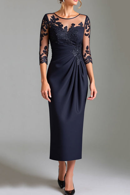 Navy Appliques Illusion Neck Long Ruched Mother of the Bride Dress