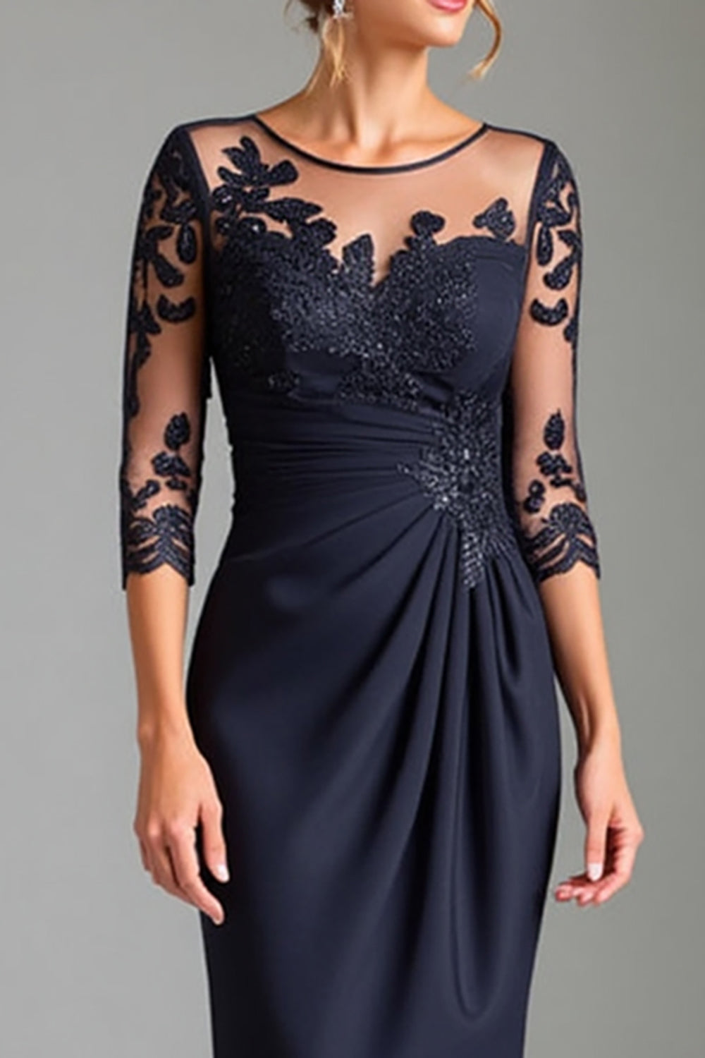 Navy Appliques Illusion Neck Long Ruched Mother of the Bride Dress