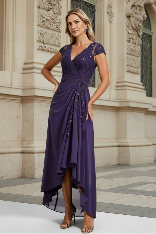 V Neck Purple A Line Sequins High-Low Mother of The Bride Dress