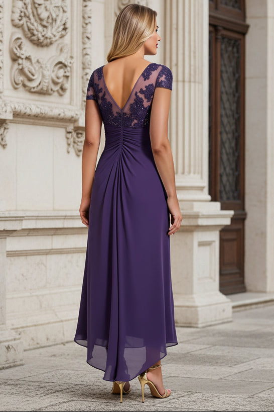 V Neck Purple A Line Sequins High-Low Mother of The Bride Dress
