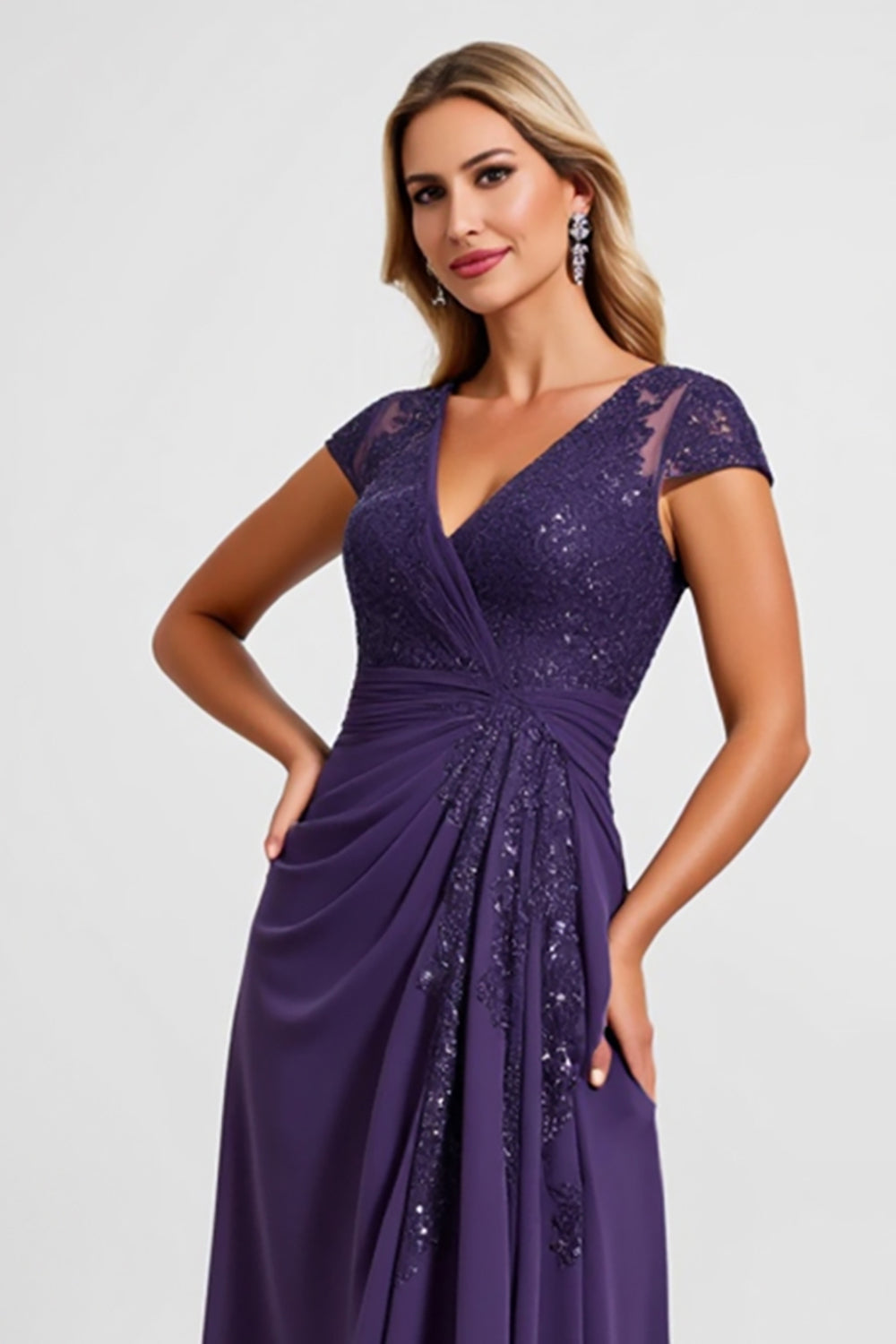 V Neck Purple A Line Sequins High-Low Mother of The Bride Dress
