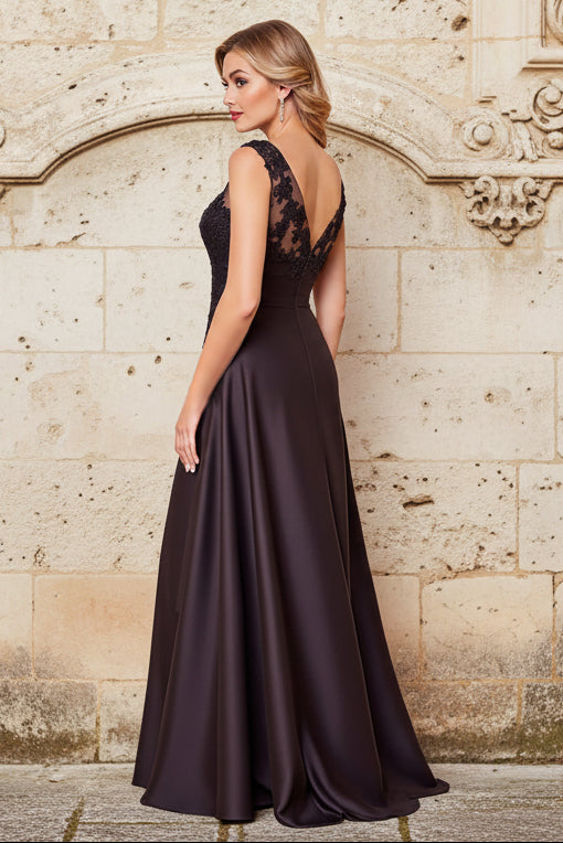 A Line Lace Appliqued Black V Neck Mother of the Bride Dress