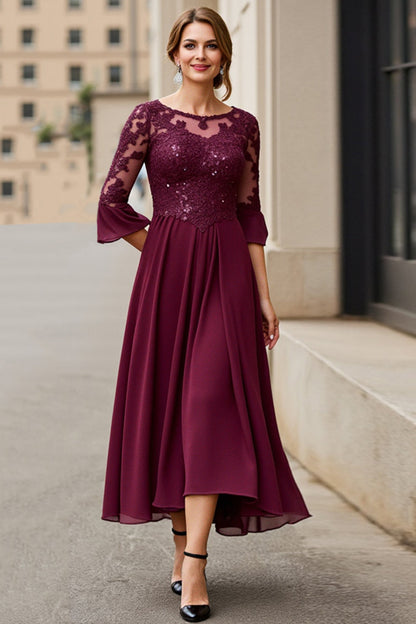 Cabernet A Line Chiffon Boat Neck Long Mother of the Bride Dress with Sleeves