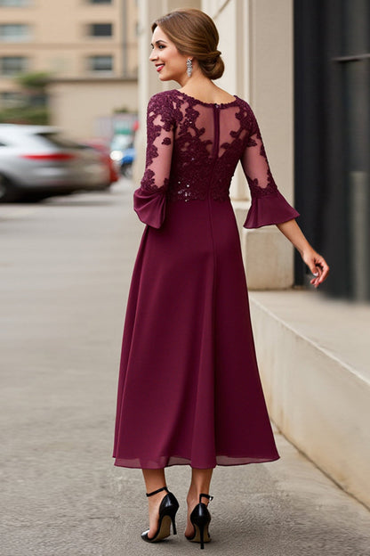Cabernet A Line Chiffon Boat Neck Long Mother of the Bride Dress with Sleeves