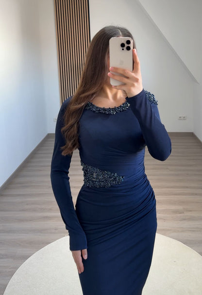 Elegant Long Sleeves Scoop Empire-Waist Pearls Satin Formal Dress