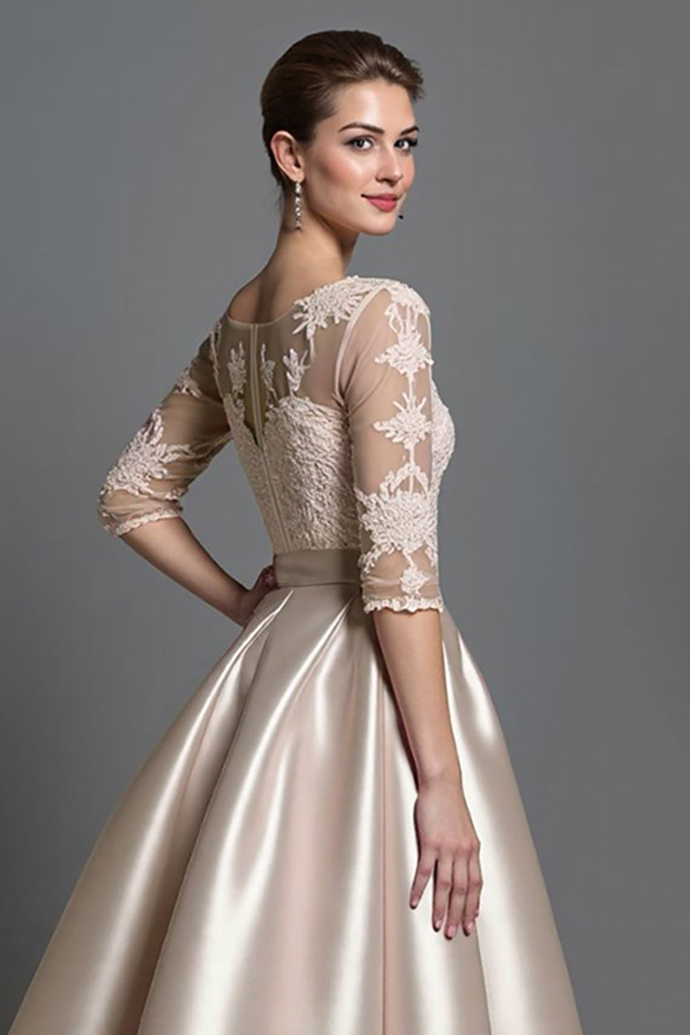 Apricot Satin A Line Long Mother of the Bride Dress with Lace