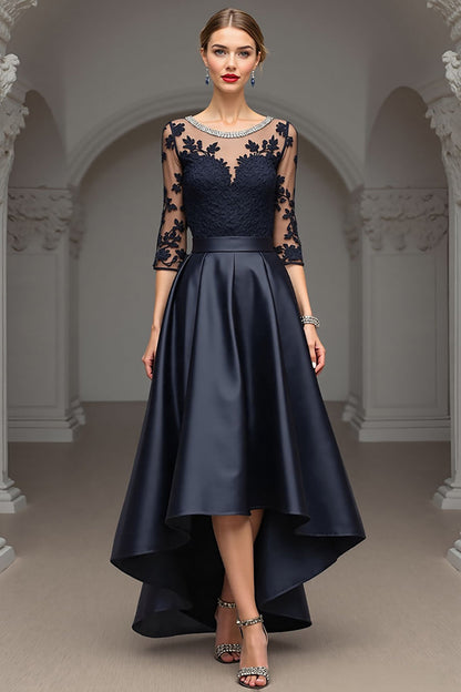 Navy A Line Long Satin Mother of the Bride Dress with Lace