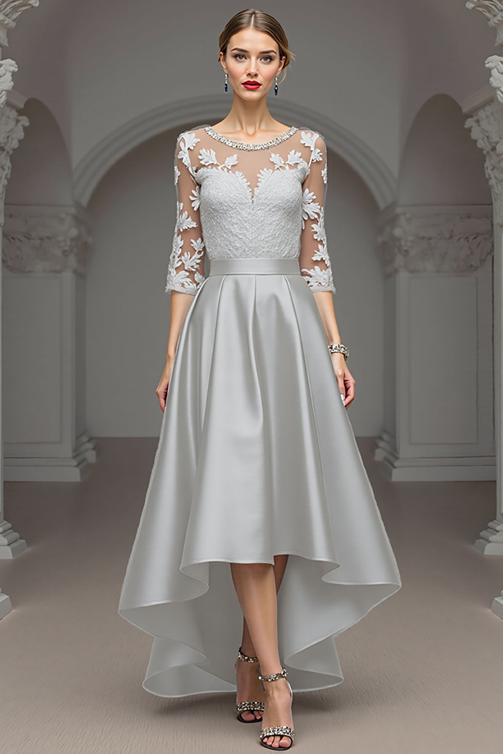 Navy A Line Long Satin Mother of the Bride Dress with Lace