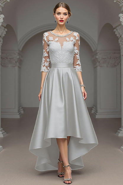 Navy A Line Long Satin Mother of the Bride Dress with Lace