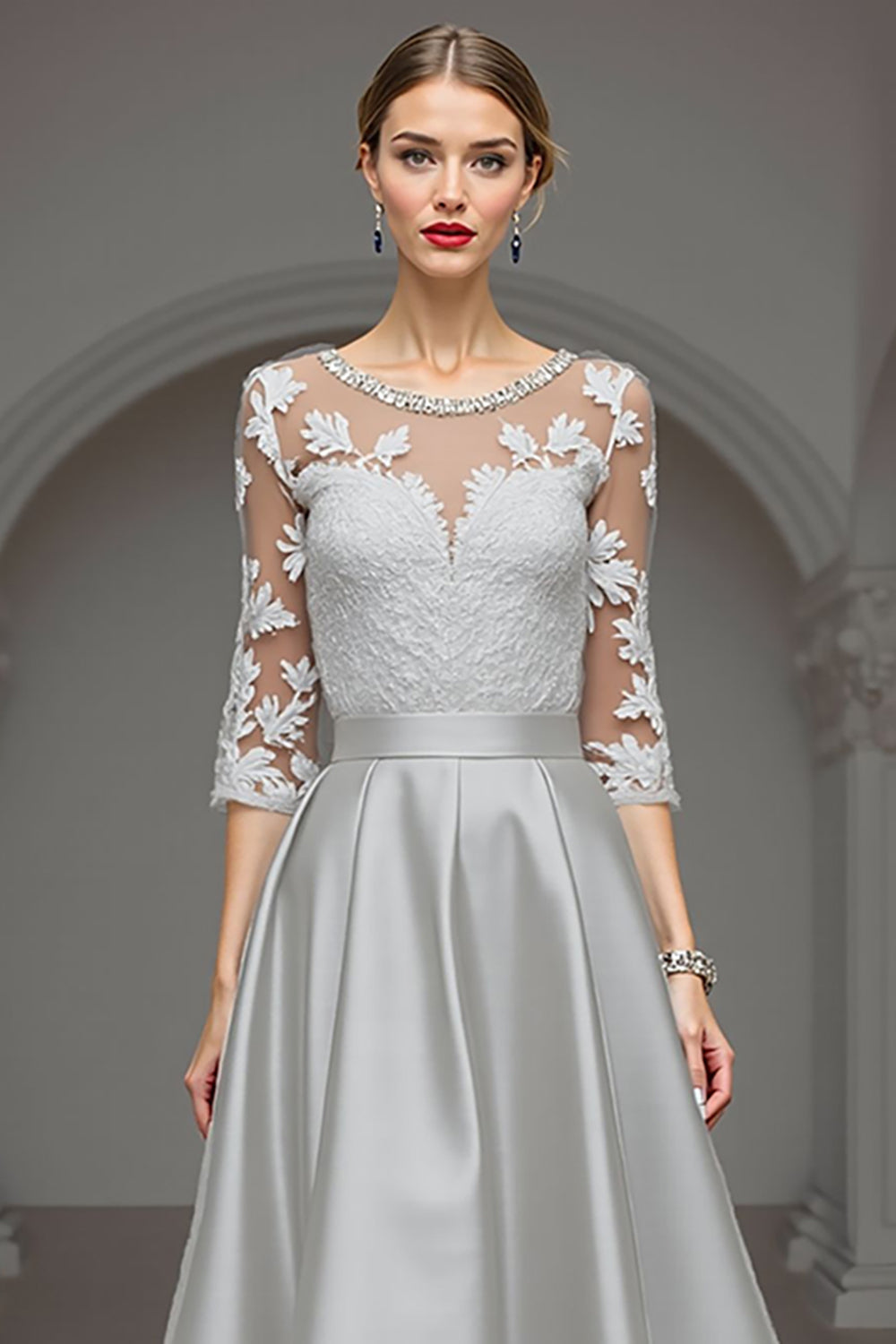 Navy A Line Long Satin Mother of the Bride Dress with Lace