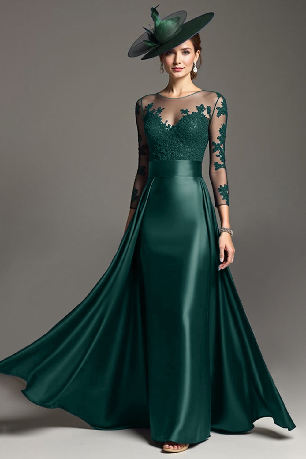 Navy Illusion Neck Long Satin Mother of the Bride Dress with Lace