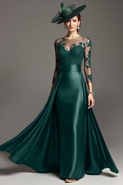 Navy Illusion Neck Long Satin Mother of the Bride Dress with Lace