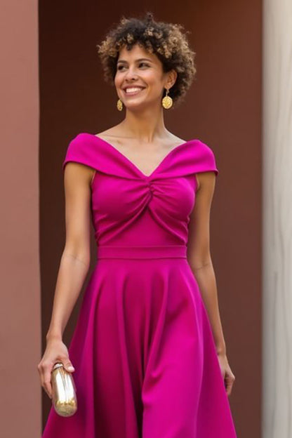 Fuchsia A Line Satin V-Neck Midi Mother of the Bride Dress