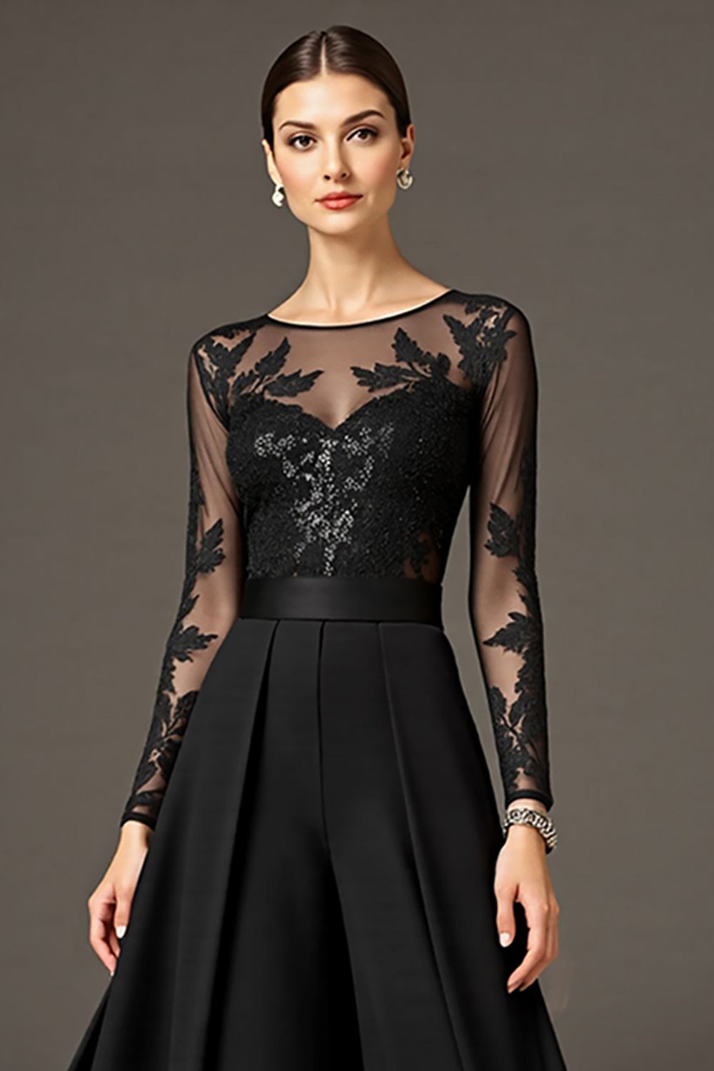Black A Line Chiffon Long Mother of the Bride Jumpsuits with Lace