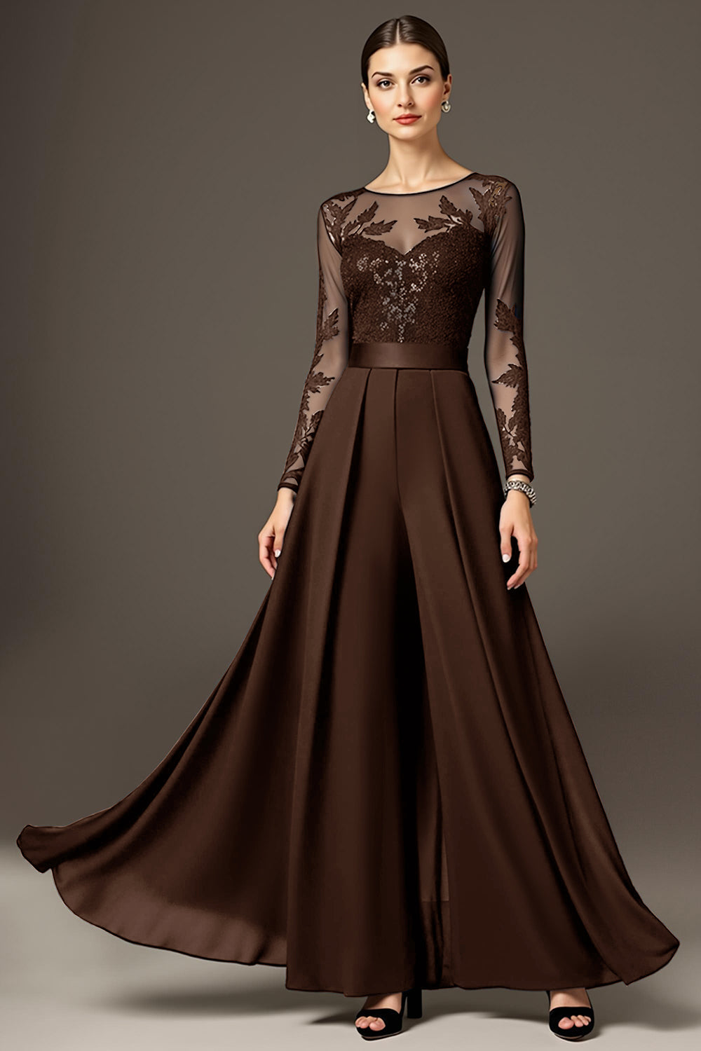 Black A Line Chiffon Long Mother of the Bride Jumpsuits with Lace