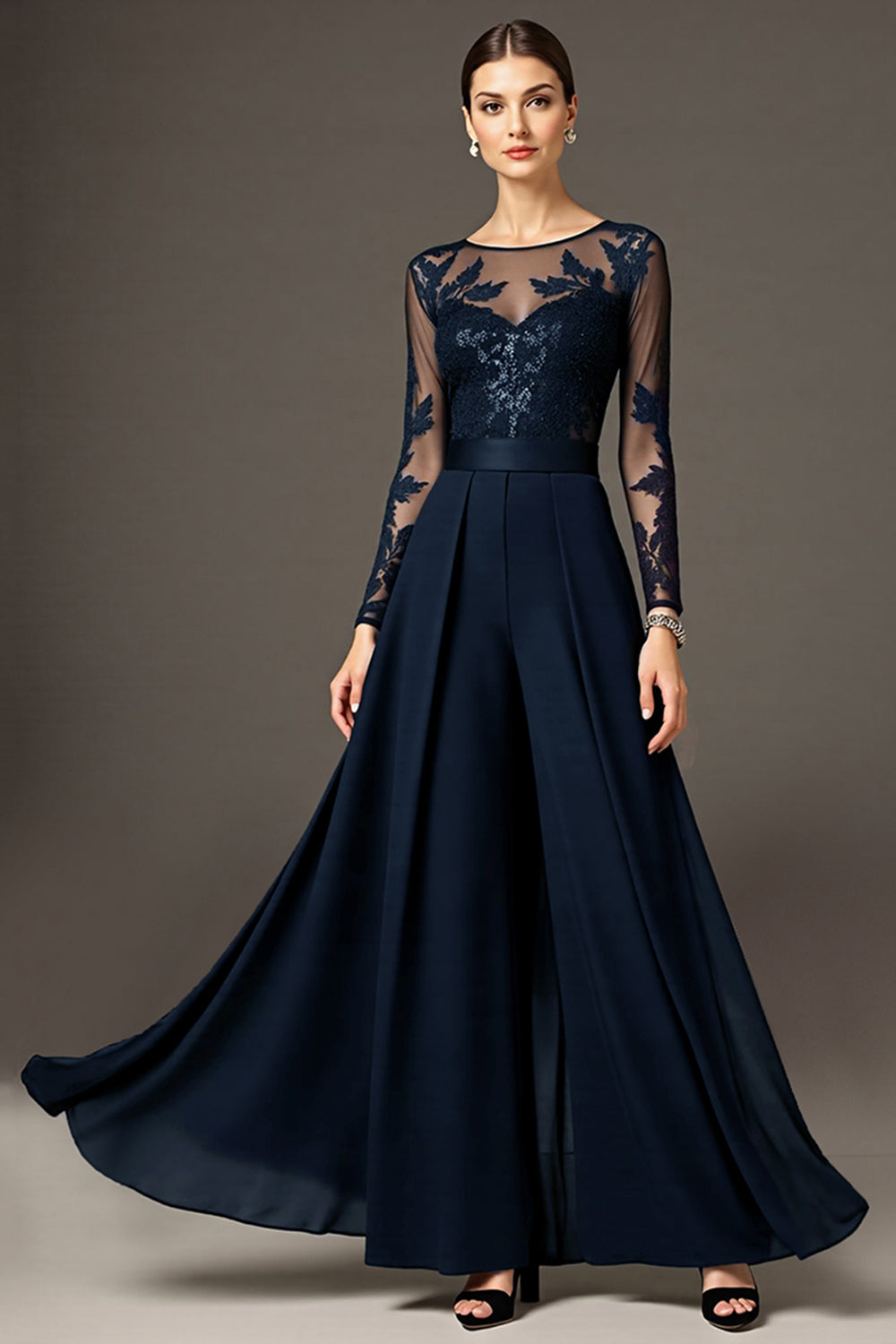 Black A Line Chiffon Long Mother of the Bride Jumpsuits with Lace