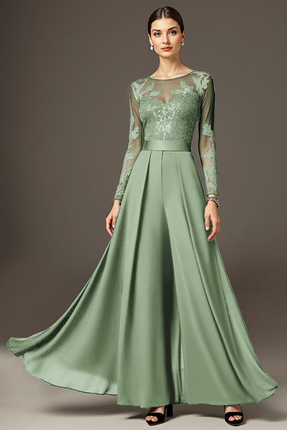 Black A Line Chiffon Long Mother of the Bride Jumpsuits with Lace