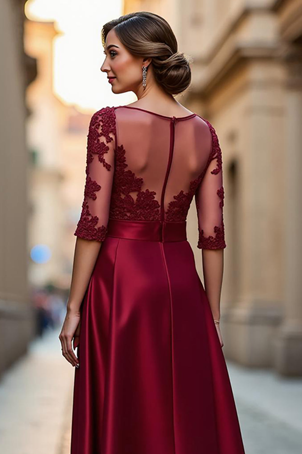 Dark Red Satin A Line Maxi Mother of the Bride Dress with Appliques