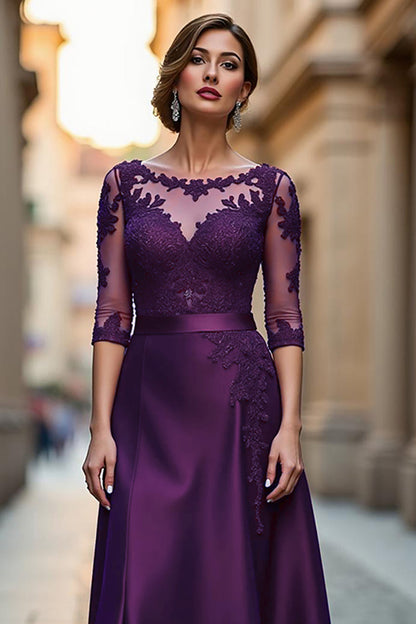 Dark Red Satin A Line Maxi Mother of the Bride Dress with Appliques