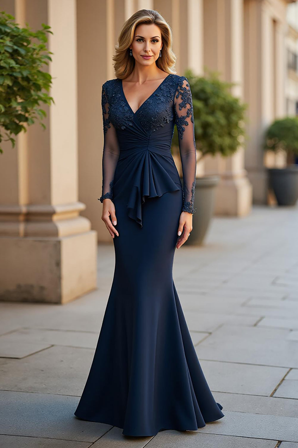 Navy Mermaid V-Neck Long Ruched Mother of the Bride Dress with Sleeves