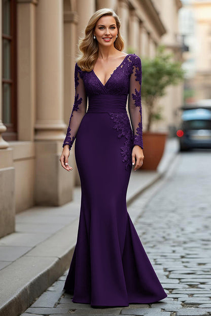 Black V-Neck Mermaid Long Mother of the Bride Dress with Sleeves