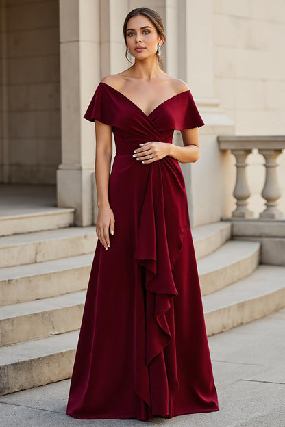 V-Neck Ruched Velvet A Line Burgundy Mother of the Bride Dress