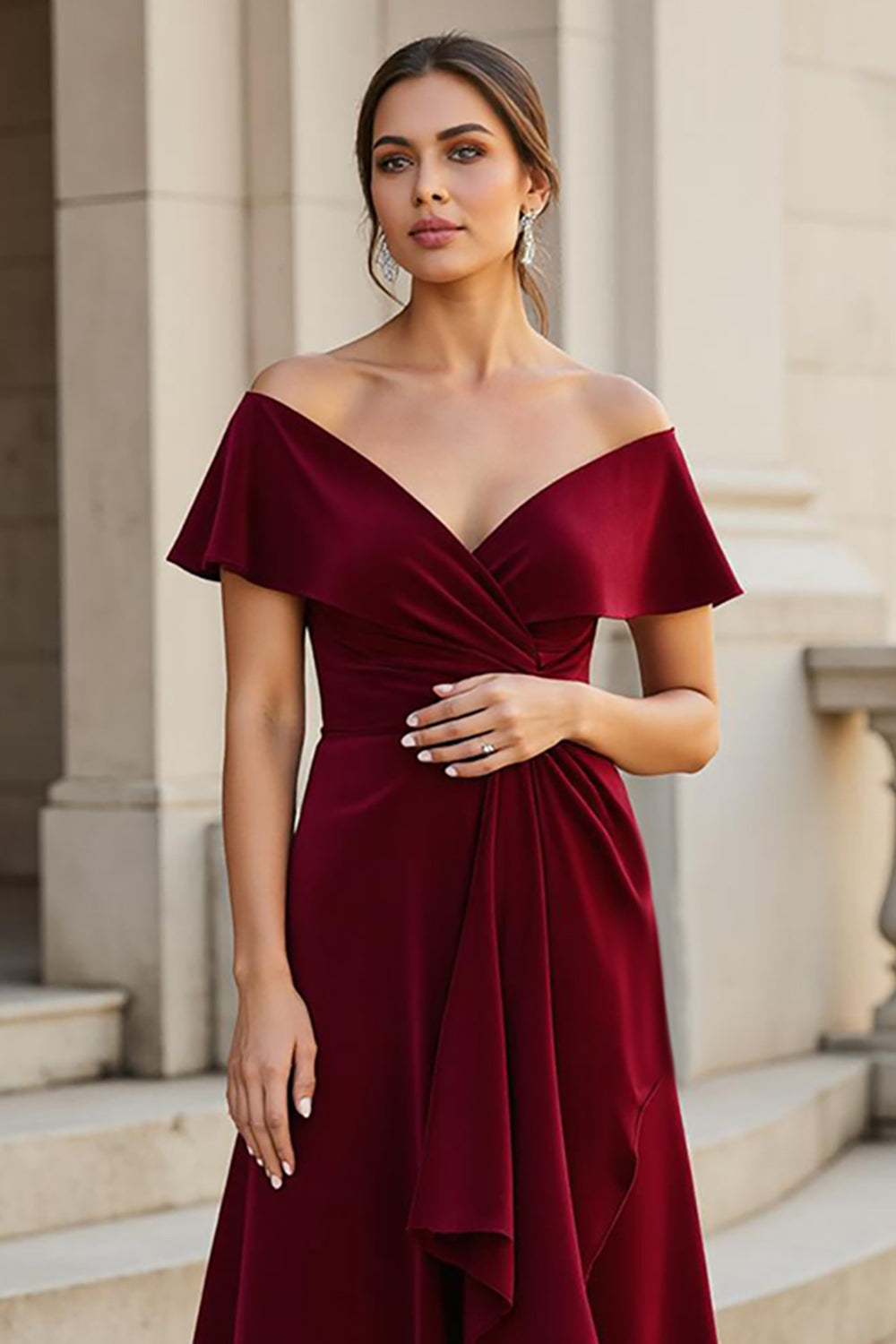 V-Neck Ruched Velvet A Line Burgundy Mother of the Bride Dress