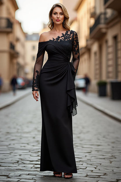 Black One Shoulder Long Sleeves Mother of the Bride Dress with Appliques