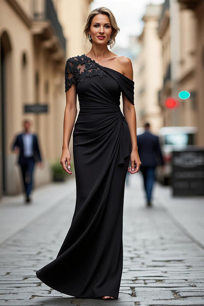 Asymmetrical-Neck Floor-Length Beaded Satin Mermaid Mother of the Bride Dress