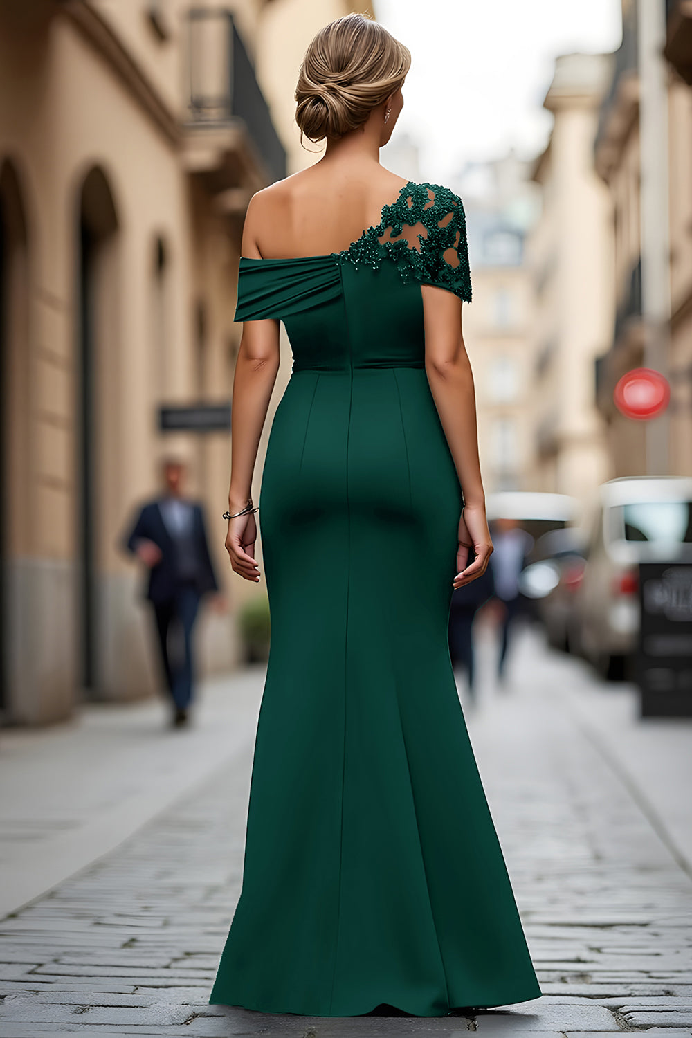 Asymmetrical-Neck Floor-Length Beaded Satin Mermaid Mother of the Bride Dress