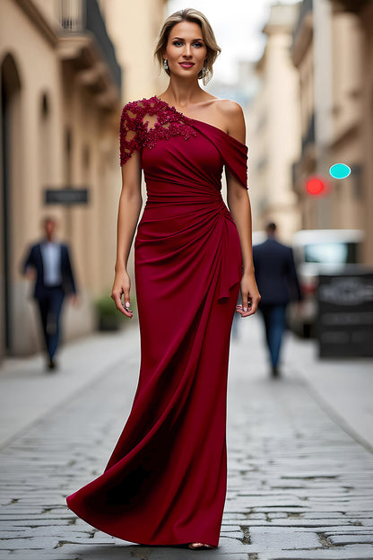 Asymmetrical-Neck Floor-Length Beaded Satin Mermaid Mother of the Bride Dress