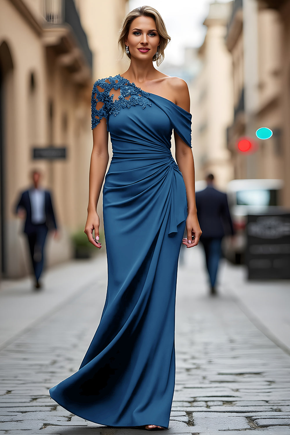 Asymmetrical-Neck Floor-Length Beaded Satin Mermaid Mother of the Bride Dress