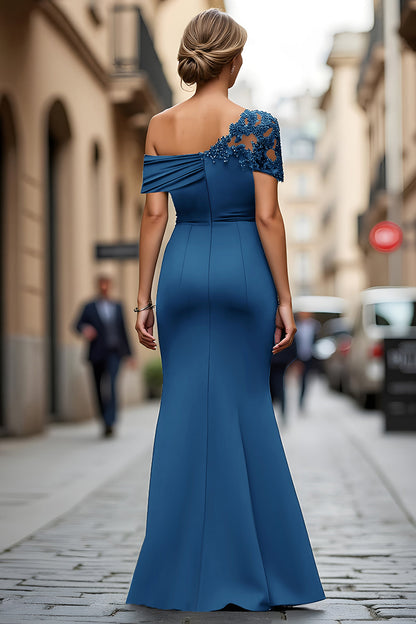 Asymmetrical-Neck Floor-Length Beaded Satin Mermaid Mother of the Bride Dress