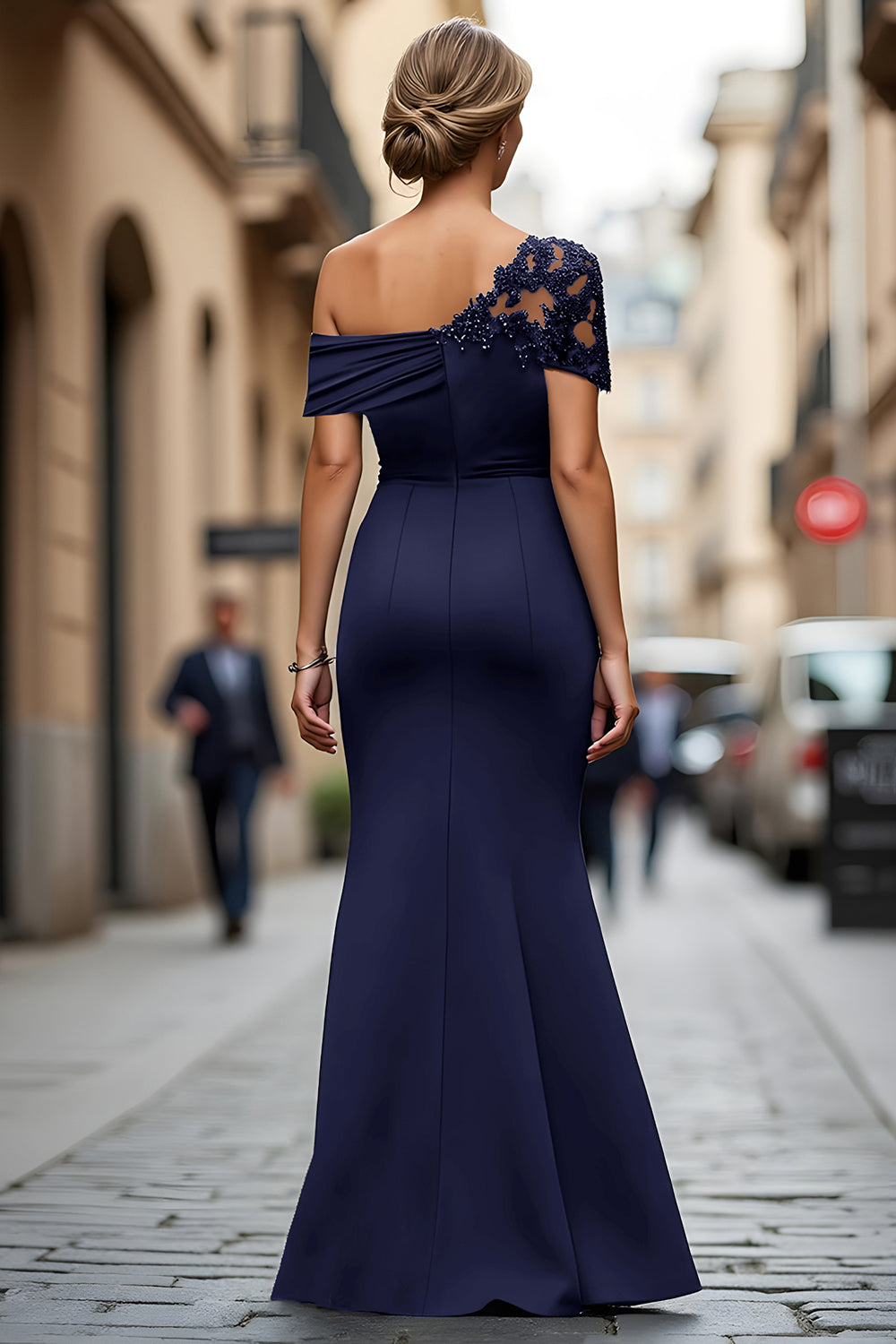 Asymmetrical-Neck Floor-Length Beaded Satin Mermaid Mother of the Bride Dress
