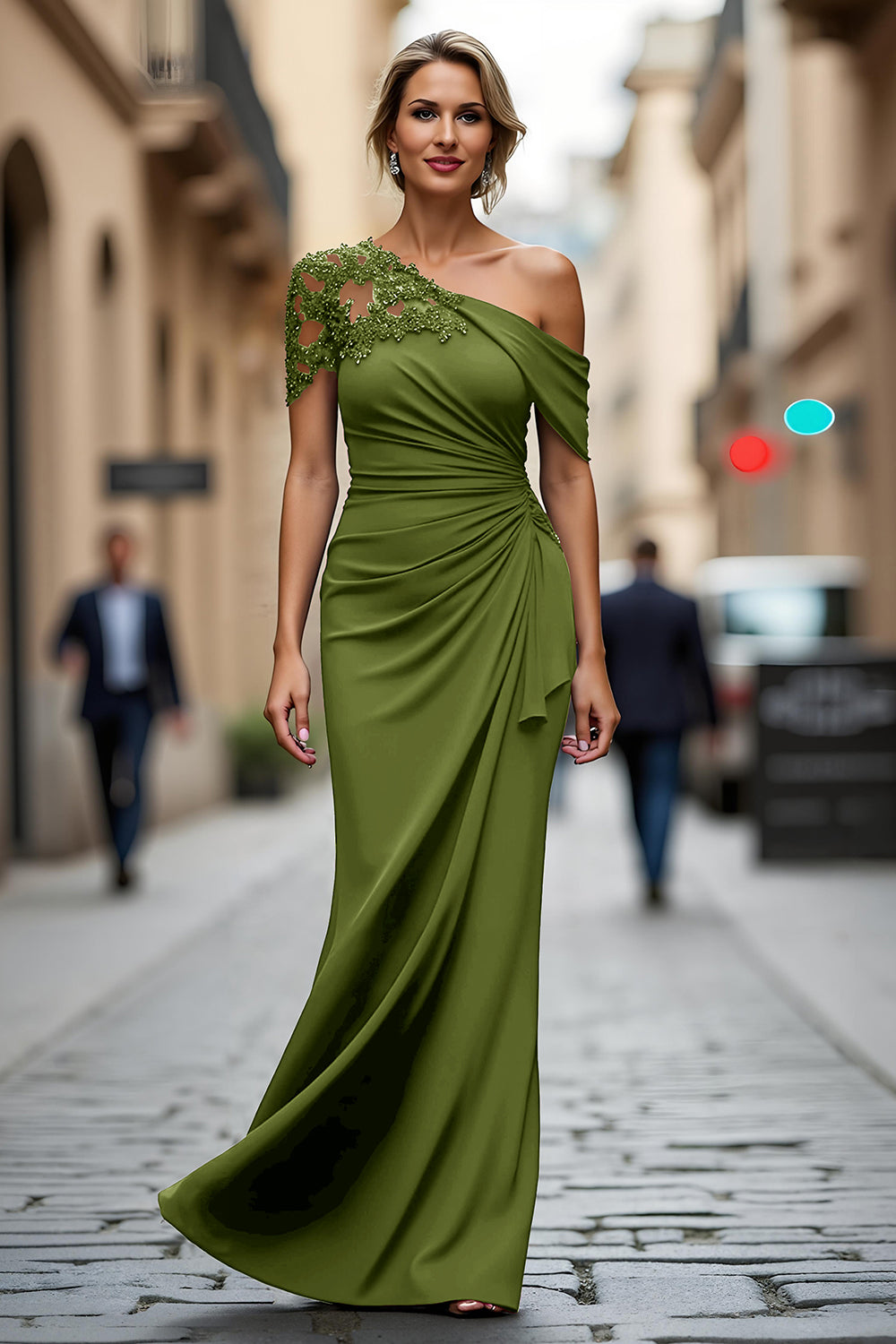 Asymmetrical-Neck Floor-Length Beaded Satin Mermaid Mother of the Bride Dress