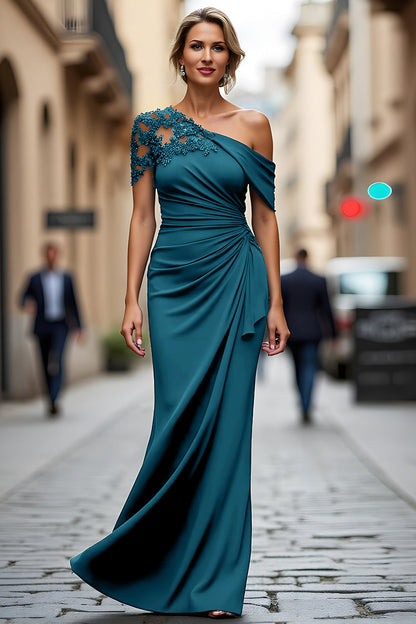 Asymmetrical-Neck Floor-Length Beaded Satin Mermaid Mother of the Bride Dress