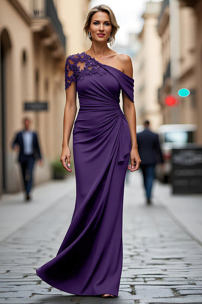 Asymmetrical-Neck Floor-Length Beaded Satin Mermaid Mother of the Bride Dress