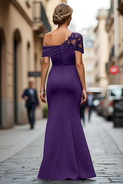 Asymmetrical-Neck Floor-Length Beaded Satin Mermaid Mother of the Bride Dress