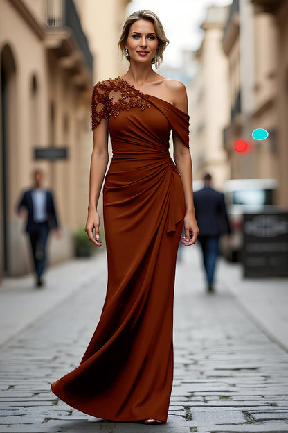 Asymmetrical-Neck Floor-Length Beaded Satin Mermaid Mother of the Bride Dress