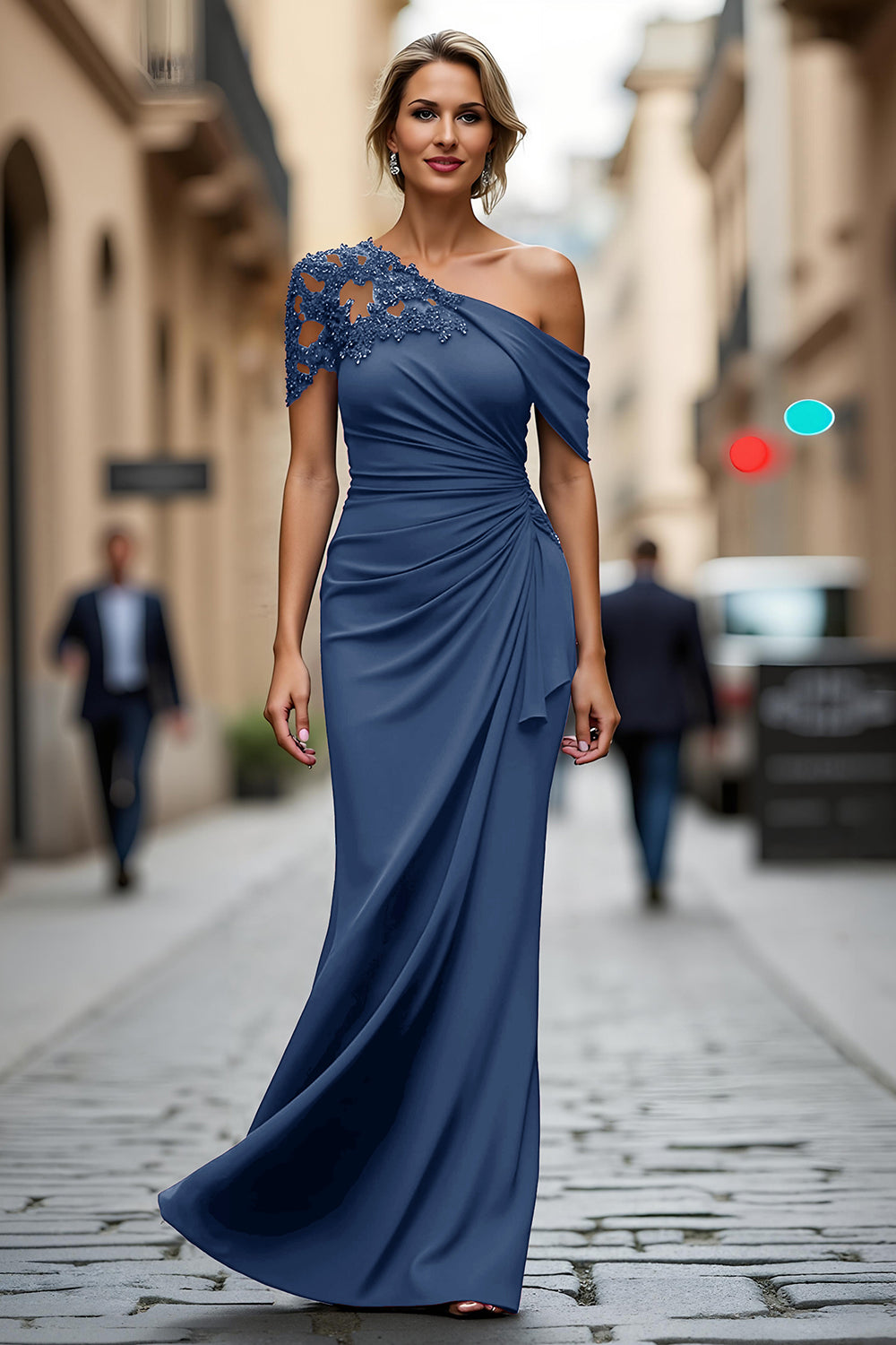Asymmetrical-Neck Floor-Length Beaded Satin Mermaid Mother of the Bride Dress